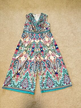 Sleeveless Paisley-Print Wide-Leg Jumpsuit in Teal & Coral Size XL